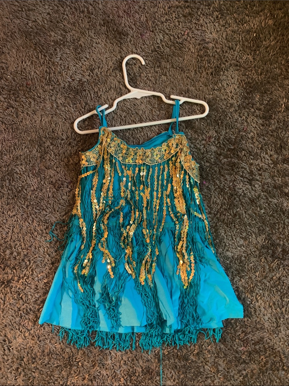 Revolution Turquoise and Gold Sequin Fringe Dance Costume